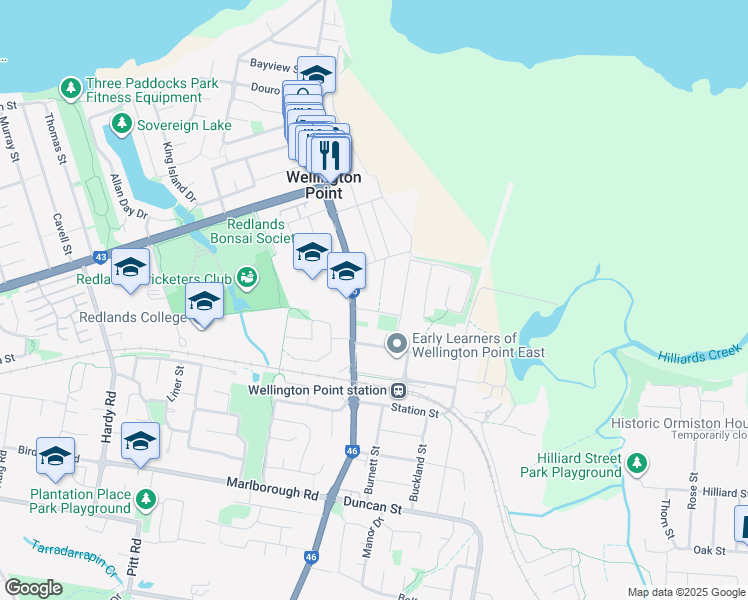 map of restaurants, bars, coffee shops, grocery stores, and more near 14 Roberts Street in Wellington Point