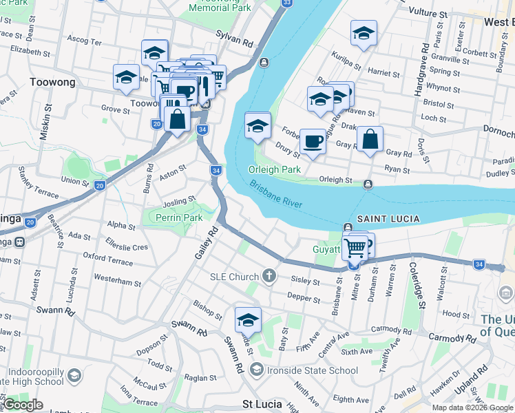 map of restaurants, bars, coffee shops, grocery stores, and more near 58 Sandford Street in St Lucia