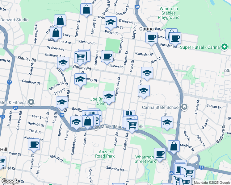 map of restaurants, bars, coffee shops, grocery stores, and more near 80 Pembroke Street in Carina