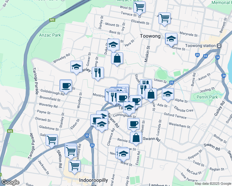 map of restaurants, bars, coffee shops, grocery stores, and more near Moorak Street in Taringa