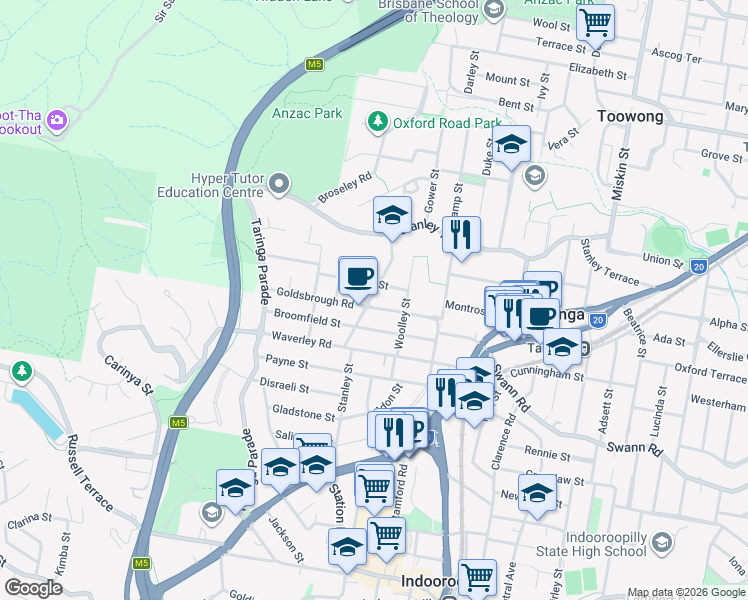 map of restaurants, bars, coffee shops, grocery stores, and more near 37 Hillsdon Road in Taringa