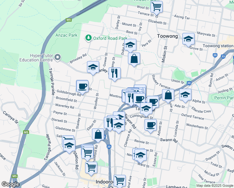 map of restaurants, bars, coffee shops, grocery stores, and more near 23 Montrose Road in Taringa