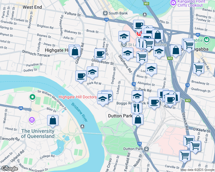 map of restaurants, bars, coffee shops, grocery stores, and more near 45 Park Road West in Dutton Park