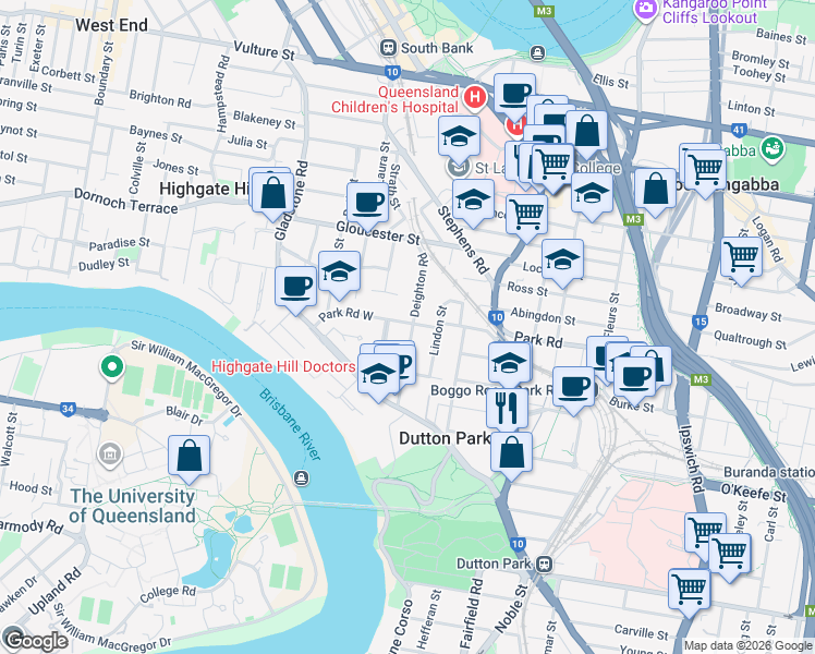 map of restaurants, bars, coffee shops, grocery stores, and more near 36 Deighton Road in Dutton Park