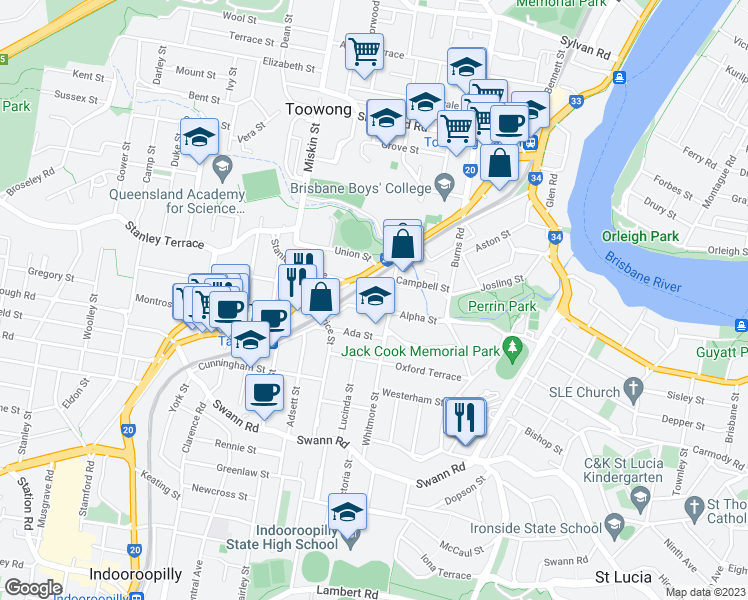 map of restaurants, bars, coffee shops, grocery stores, and more near 55-59 Alpha Street in Taringa