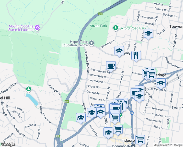 map of restaurants, bars, coffee shops, grocery stores, and more near 115 Broomfield Street in Taringa