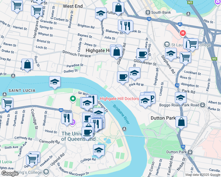 map of restaurants, bars, coffee shops, grocery stores, and more near 9 Rosecliffe Street in Highgate Hill