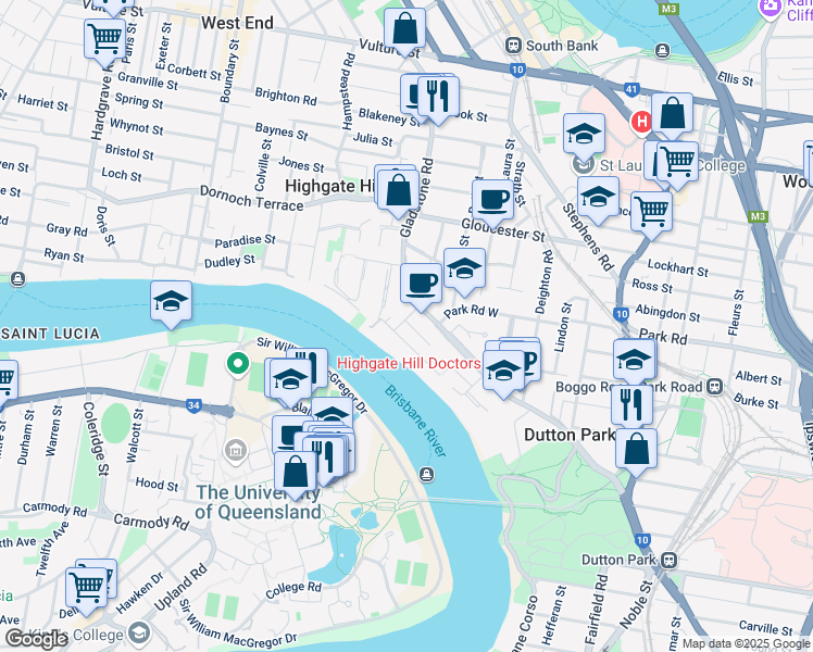 map of restaurants, bars, coffee shops, grocery stores, and more near 7 High Street in Highgate Hill