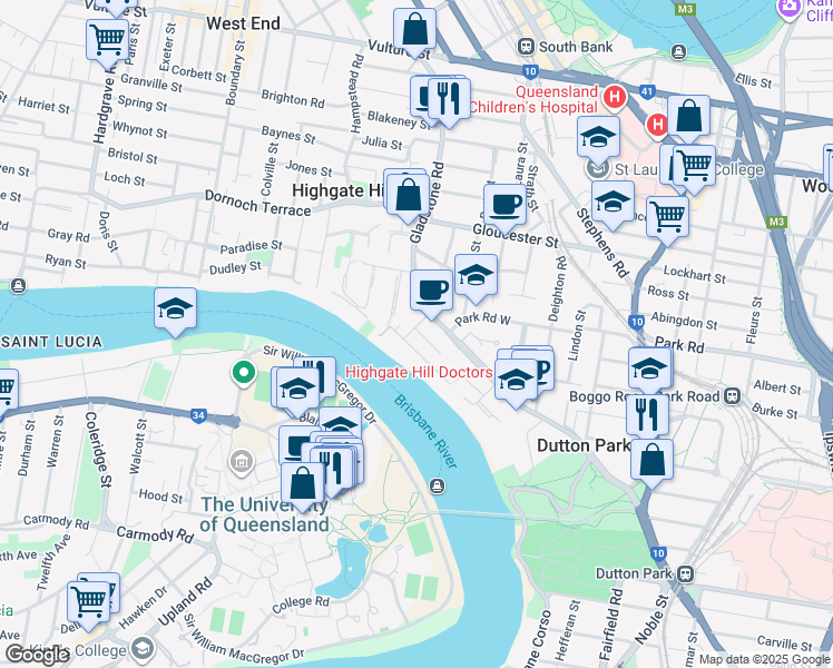 map of restaurants, bars, coffee shops, grocery stores, and more near 7 High Street in Highgate Hill