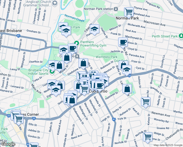 map of restaurants, bars, coffee shops, grocery stores, and more near 9 Birdwood Street in Coorparoo