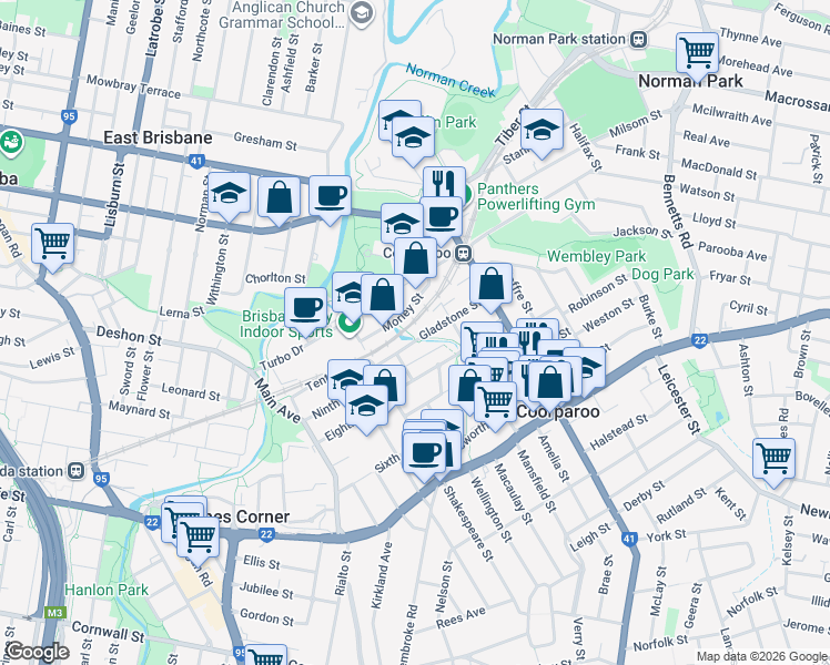 map of restaurants, bars, coffee shops, grocery stores, and more near 53 Gladstone Street in Coorparoo