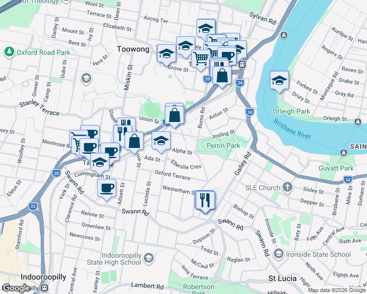 map of restaurants, bars, coffee shops, grocery stores, and more near 29 Alpha Street in Taringa