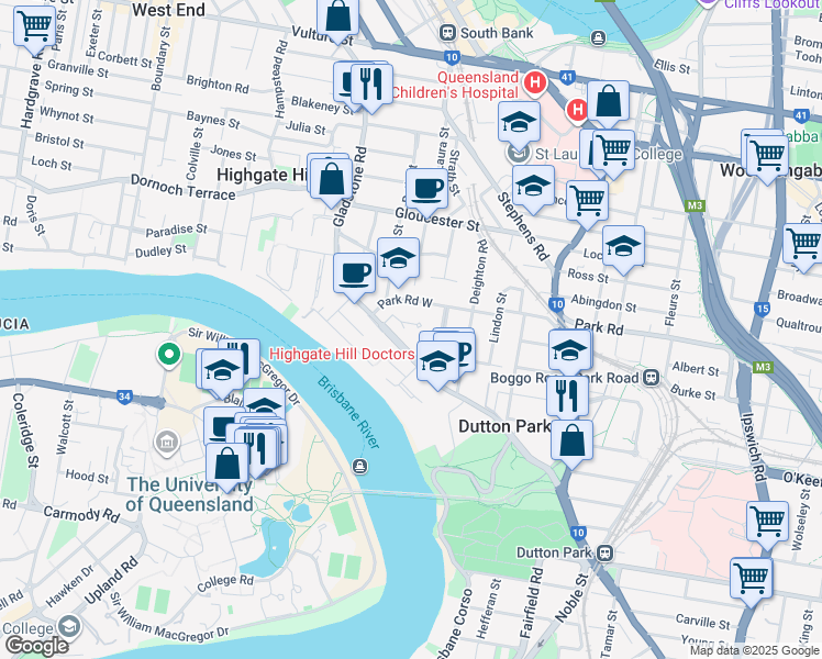 map of restaurants, bars, coffee shops, grocery stores, and more near 21 Rosary Crescent in Highgate Hill