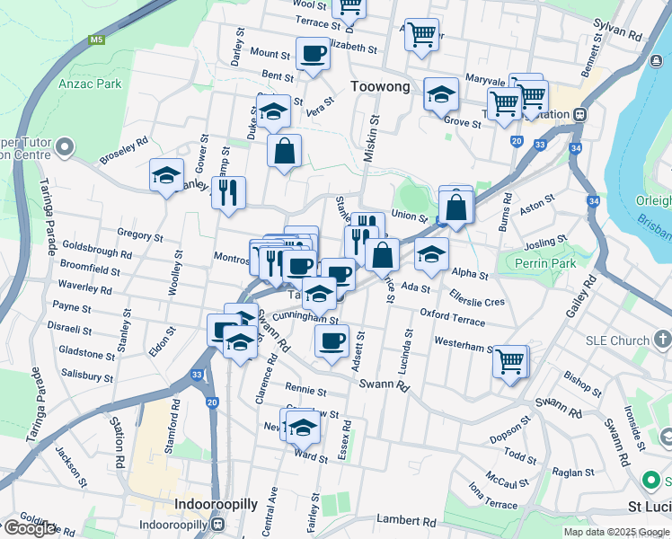 map of restaurants, bars, coffee shops, grocery stores, and more near 35 Morrow Street in Taringa