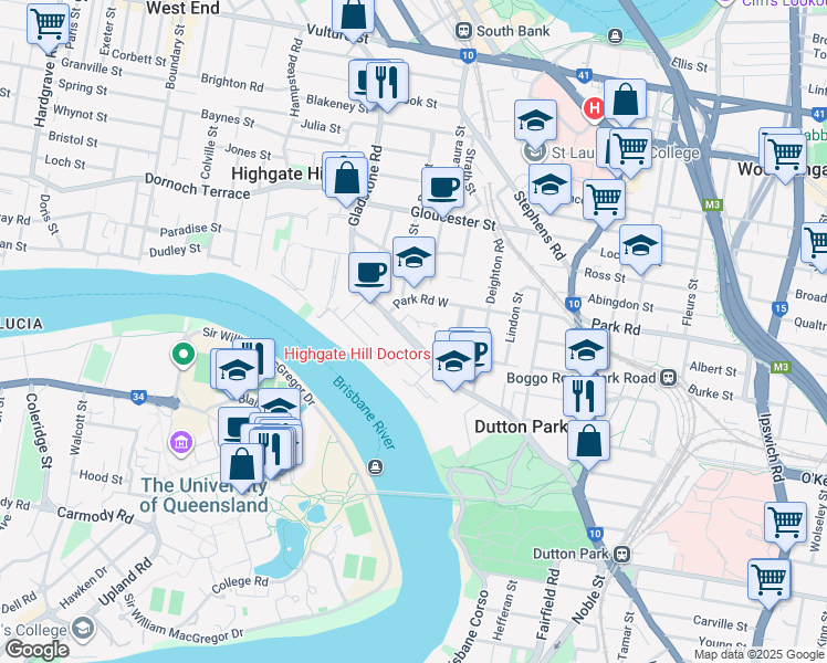 map of restaurants, bars, coffee shops, grocery stores, and more near 162 Gladstone Road in Highgate Hill