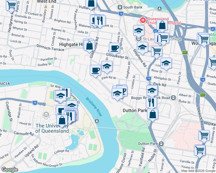 map of restaurants, bars, coffee shops, grocery stores, and more near 164 Gladstone Road in Highgate Hill