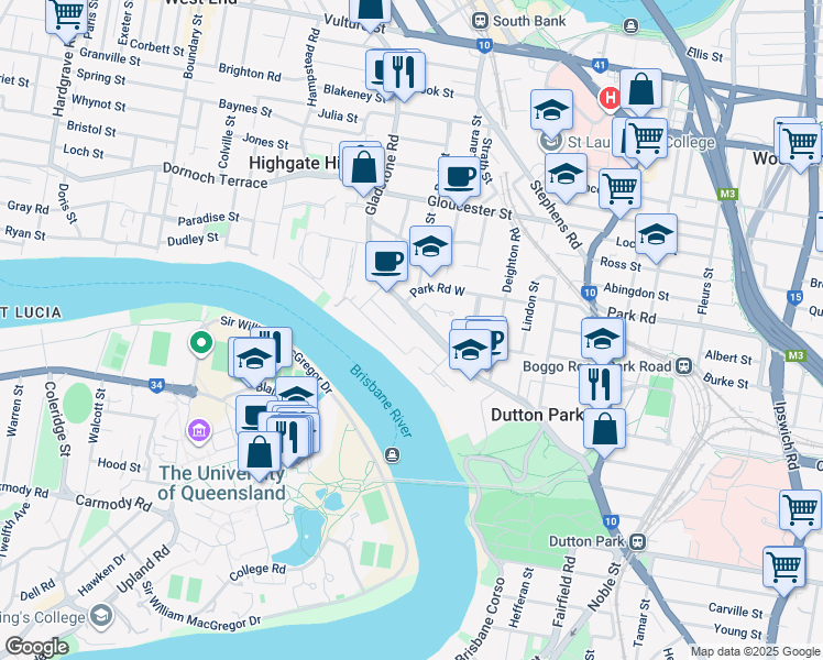 map of restaurants, bars, coffee shops, grocery stores, and more near 195 Gladstone Road in Highgate Hill