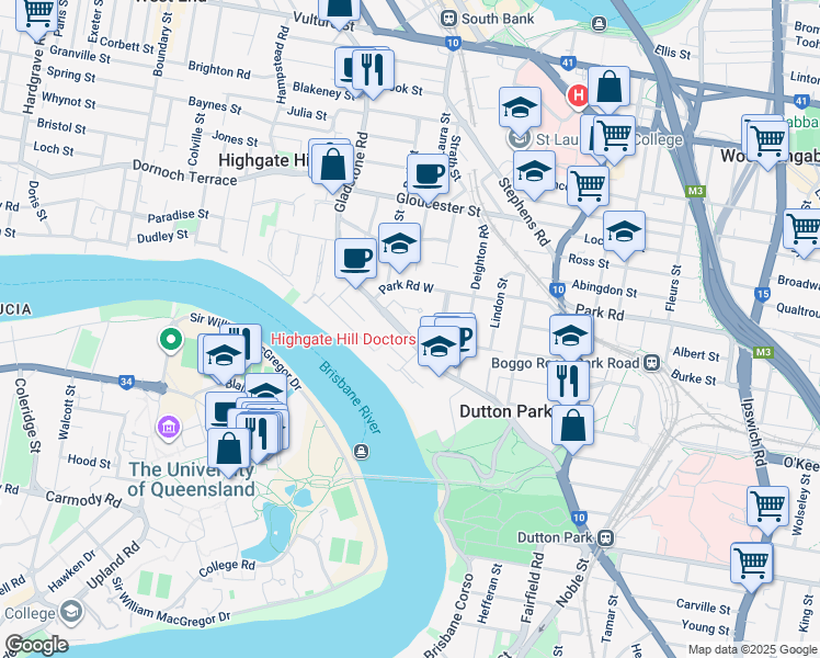 map of restaurants, bars, coffee shops, grocery stores, and more near 174 Gladstone Road in Highgate Hill