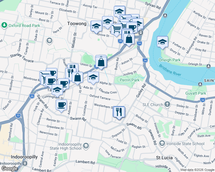 map of restaurants, bars, coffee shops, grocery stores, and more near 20 Alpha Street in Taringa