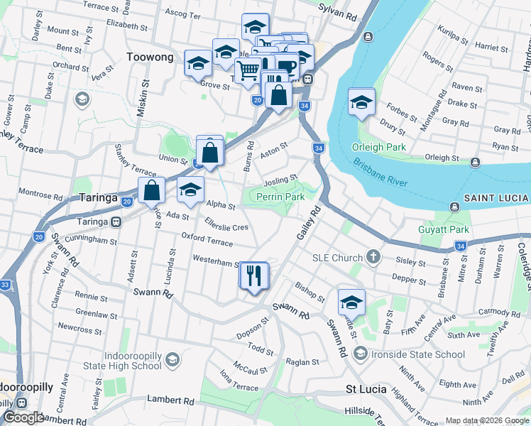 map of restaurants, bars, coffee shops, grocery stores, and more near 23 Indooroopilly Road in Taringa
