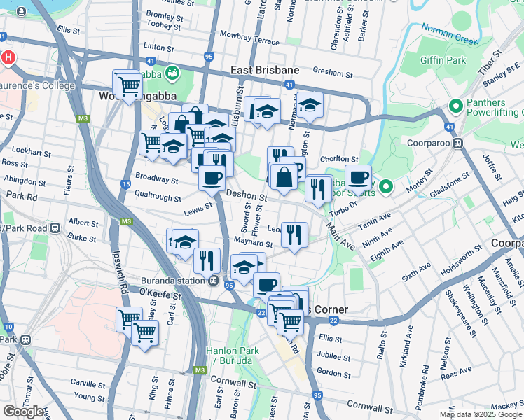 map of restaurants, bars, coffee shops, grocery stores, and more near 8 Flower Street in Woolloongabba