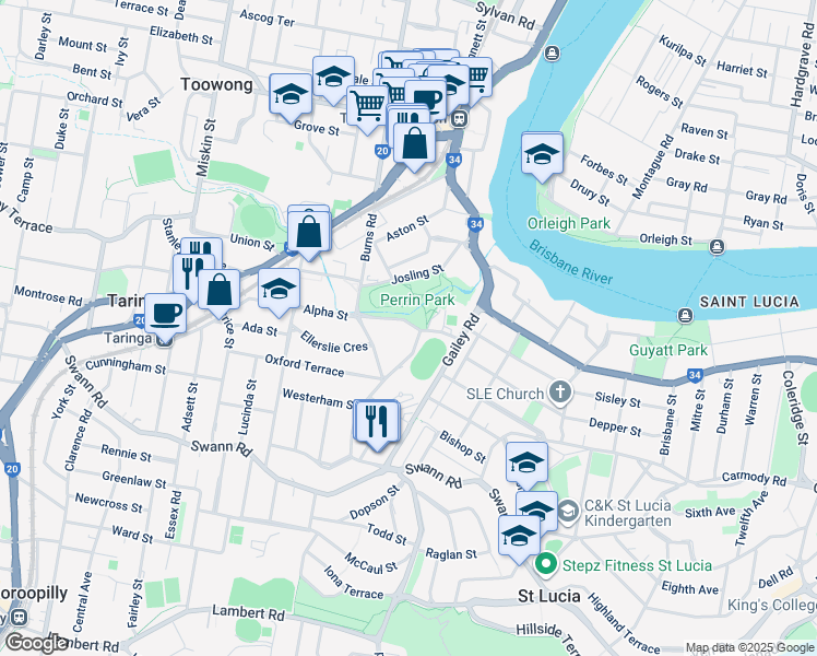 map of restaurants, bars, coffee shops, grocery stores, and more near 37 Indooroopilly Road in Taringa