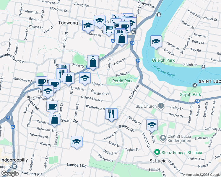 map of restaurants, bars, coffee shops, grocery stores, and more near 7 Indooroopilly Road in Taringa