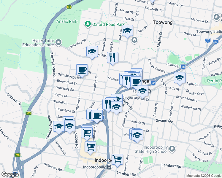 map of restaurants, bars, coffee shops, grocery stores, and more near 20 Rokeby Terrace in Taringa