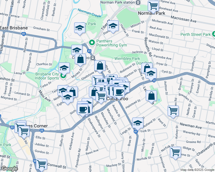 map of restaurants, bars, coffee shops, grocery stores, and more near 135 Cavendish Road in Coorparoo