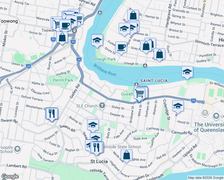 map of restaurants, bars, coffee shops, grocery stores, and more near 36 Jerdanefield Road in St Lucia