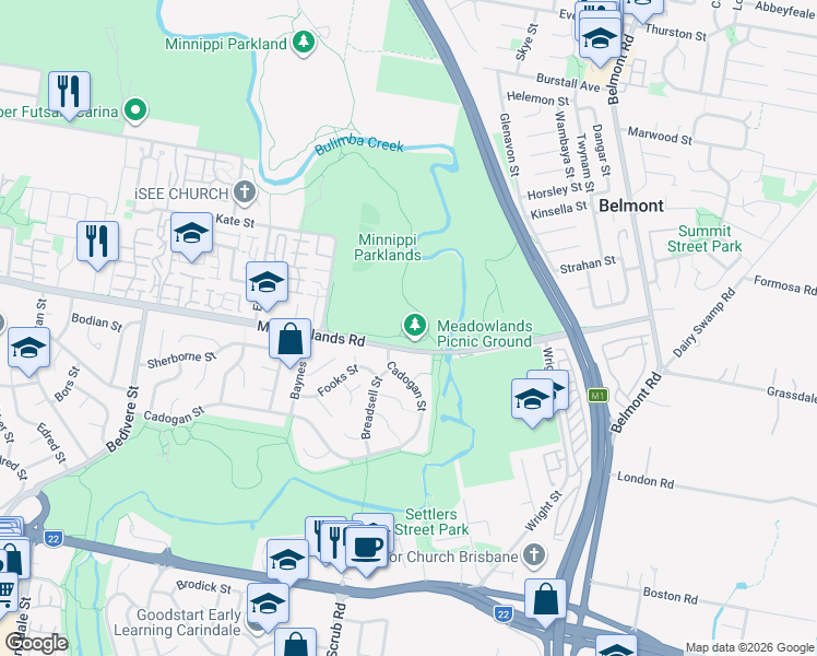 map of restaurants, bars, coffee shops, grocery stores, and more near 276 Meadowlands Road in Carina