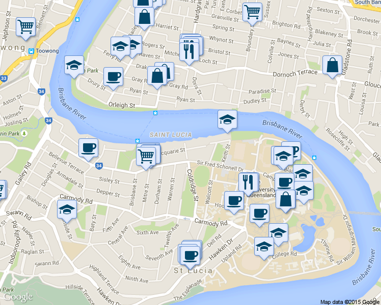 map of restaurants, bars, coffee shops, grocery stores, and more near 119 Macquarie Street in St Lucia