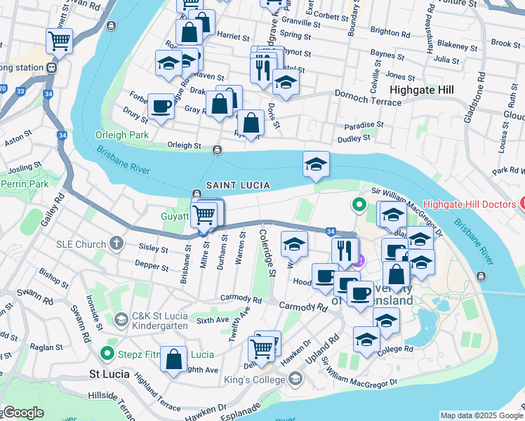 map of restaurants, bars, coffee shops, grocery stores, and more near 117 Macquarie Street in Saint Lucia