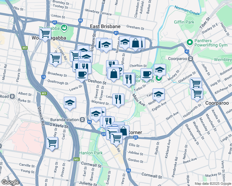 map of restaurants, bars, coffee shops, grocery stores, and more near 19 Leamington Street in Woolloongabba