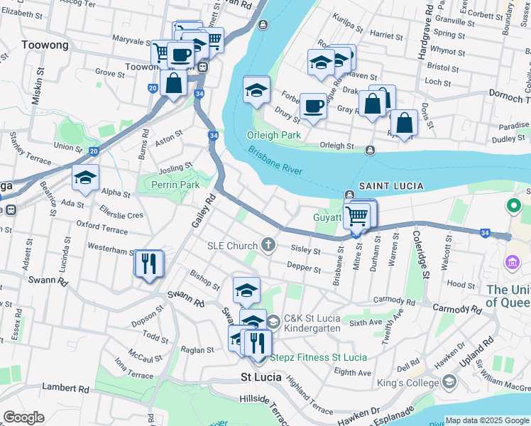 map of restaurants, bars, coffee shops, grocery stores, and more near 1 Austral Street in St Lucia