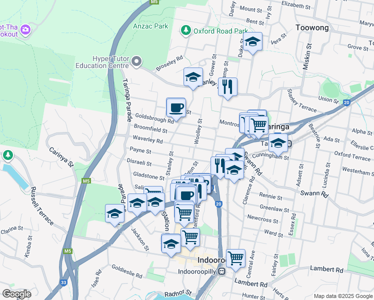 map of restaurants, bars, coffee shops, grocery stores, and more near 58 Waverley Road in Taringa
