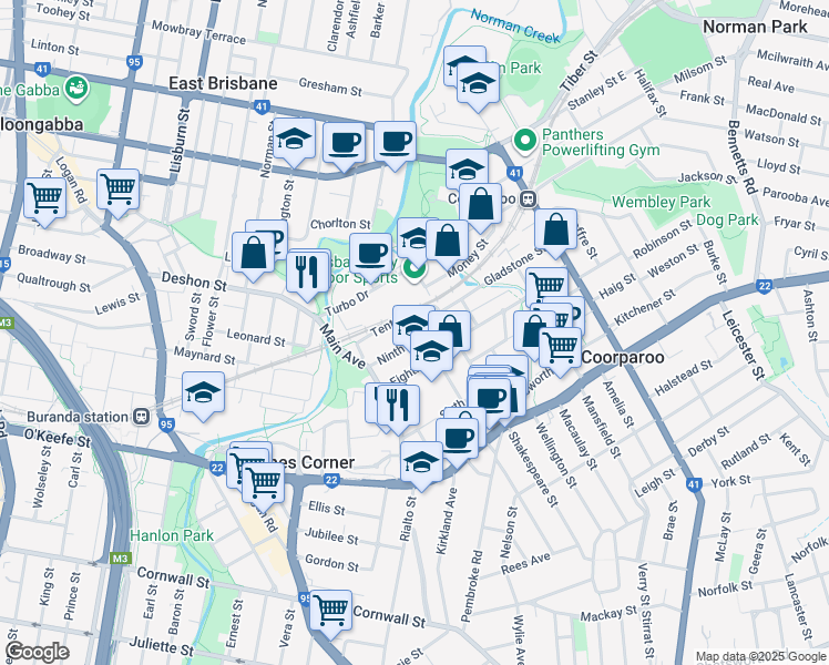 map of restaurants, bars, coffee shops, grocery stores, and more near 36 Ninth Avenue in Coorparoo