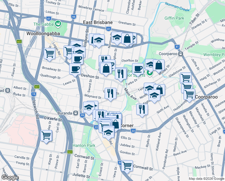 map of restaurants, bars, coffee shops, grocery stores, and more near 30 Leonard Street in Woolloongabba