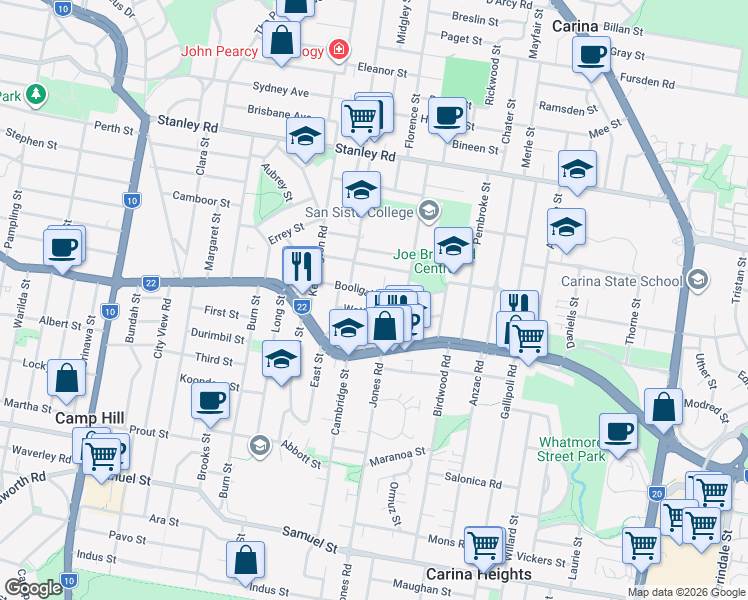 map of restaurants, bars, coffee shops, grocery stores, and more near 39 Booligal Street in Carina