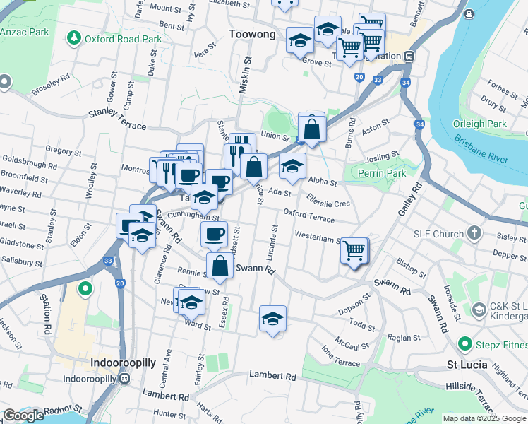 map of restaurants, bars, coffee shops, grocery stores, and more near 42 Beatrice Street in Taringa