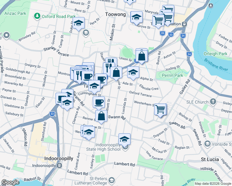 map of restaurants, bars, coffee shops, grocery stores, and more near 53 Beatrice Street in Taringa