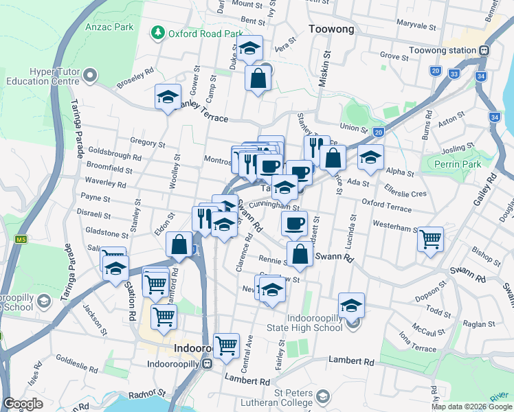 map of restaurants, bars, coffee shops, grocery stores, and more near 15 Cunningham Street in Taringa