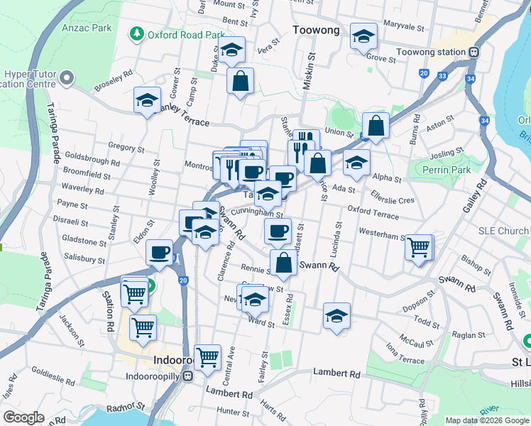 map of restaurants, bars, coffee shops, grocery stores, and more near 46 Cunningham Street in Taringa