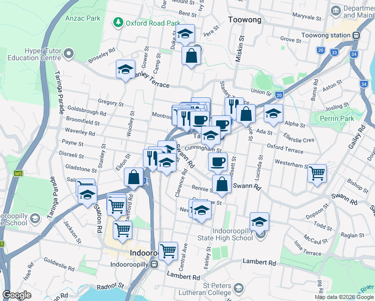 map of restaurants, bars, coffee shops, grocery stores, and more near 11 Cunningham Street in Taringa