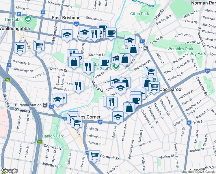 map of restaurants, bars, coffee shops, grocery stores, and more near 12 Ninth Avenue in Coorparoo