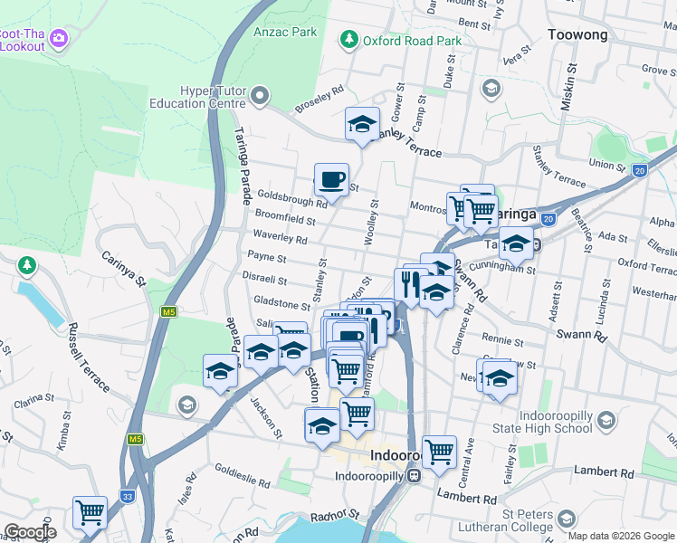 map of restaurants, bars, coffee shops, grocery stores, and more near 56 Nelson Parade in Indooroopilly