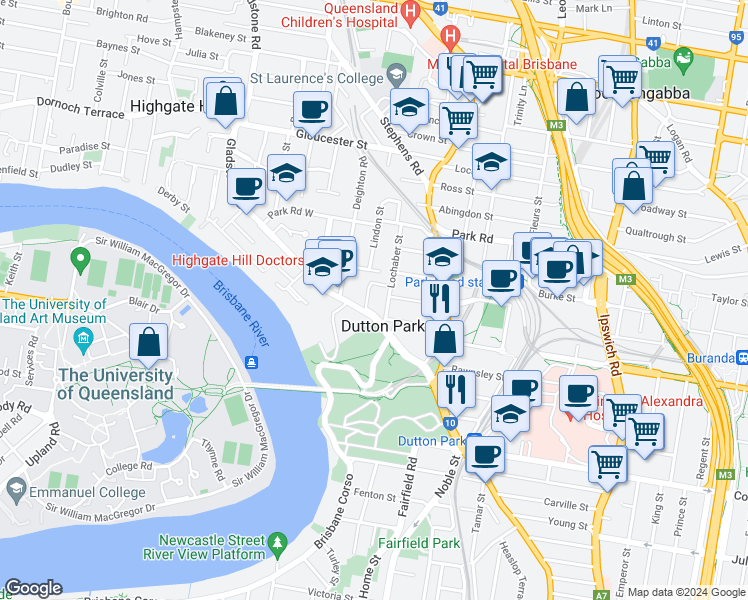 map of restaurants, bars, coffee shops, grocery stores, and more near 8 Lochaber Street in Dutton Park