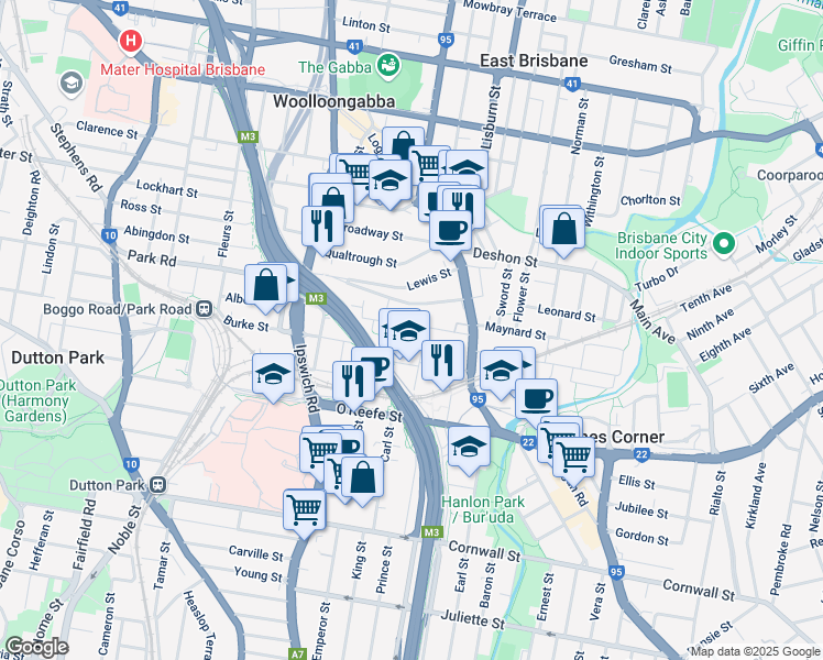 map of restaurants, bars, coffee shops, grocery stores, and more near 34 Taylor Street in Woolloongabba
