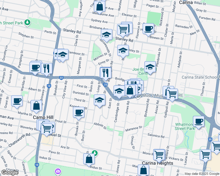 map of restaurants, bars, coffee shops, grocery stores, and more near 784 Old Cleveland Road in Carina