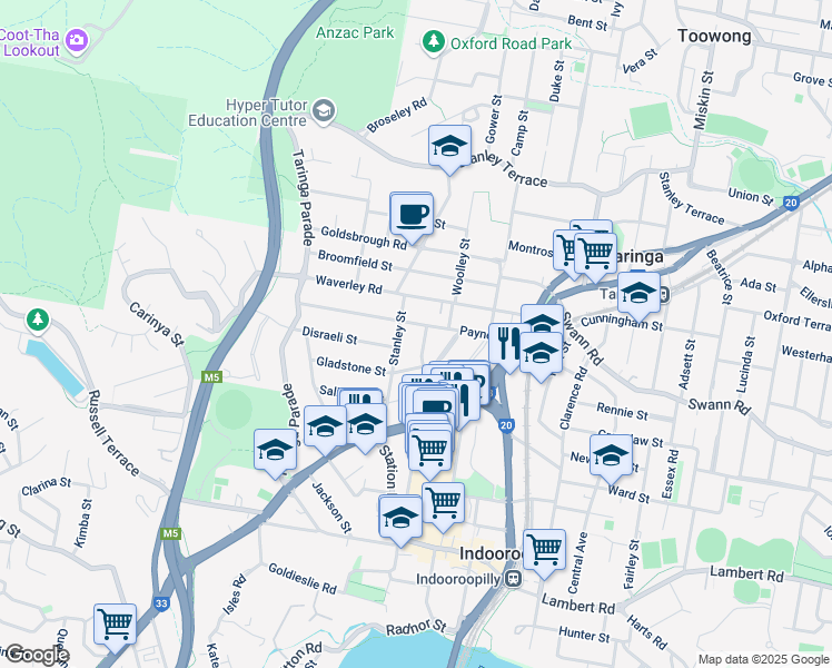 map of restaurants, bars, coffee shops, grocery stores, and more near 56 Nelson Parade in Indooroopilly